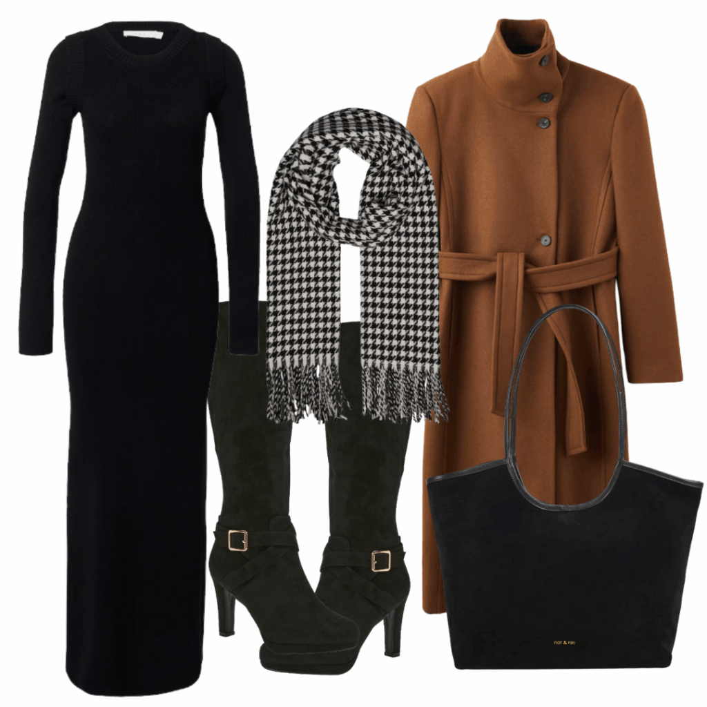outfit zo zimnej kapsuly s kabátom a úpletovými šatami