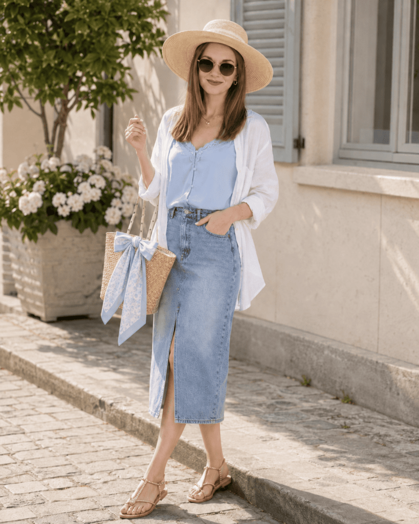 dovolenkový outfit so slameným klobúkom