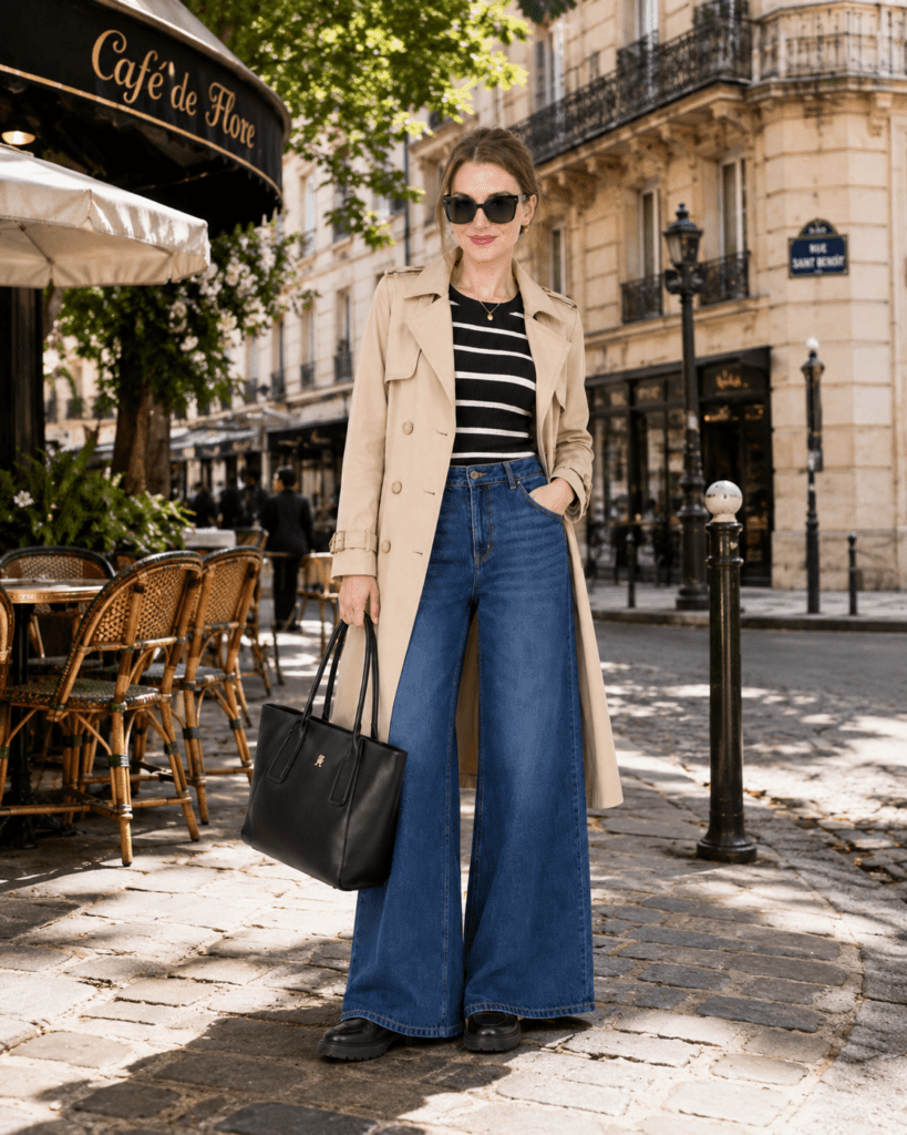 outfit s wide leg rifľami a trenčkotom