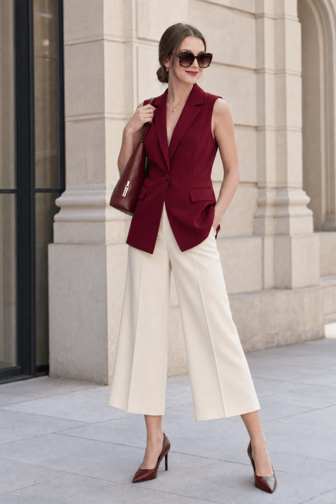 Letný outfit do práce s bordovou vestou a smotanovými culottes